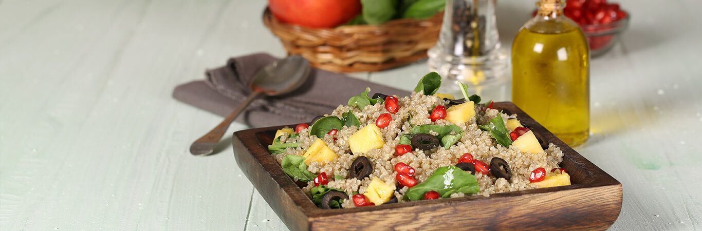 Mediterranean Pomegranate Quinoa Salad with Mango Salsa & Olives, weight loss food